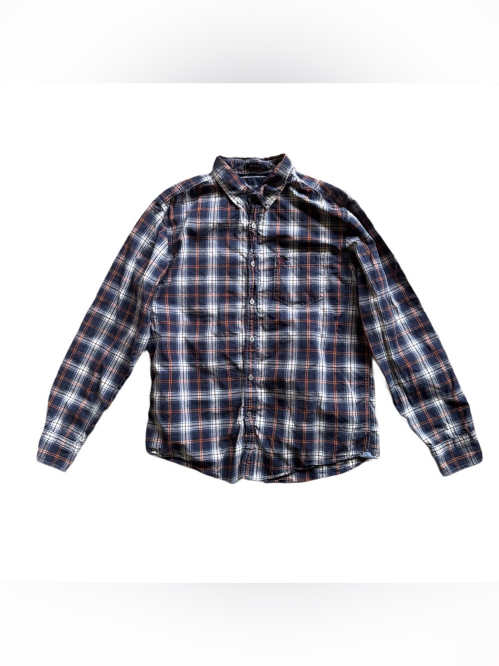 American Eagle Outfitters Navy and Orange Plaid Button-Down Shirt Size Large